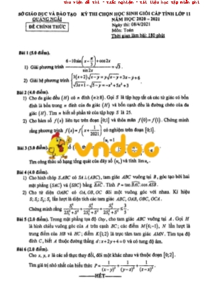 Đề thi Học sinh giỏi cấp tỉnh môn Toán Lớp 11 - Năm học 2020-2021 - Sở giáo dục và đào tạo Quảng Ngãi